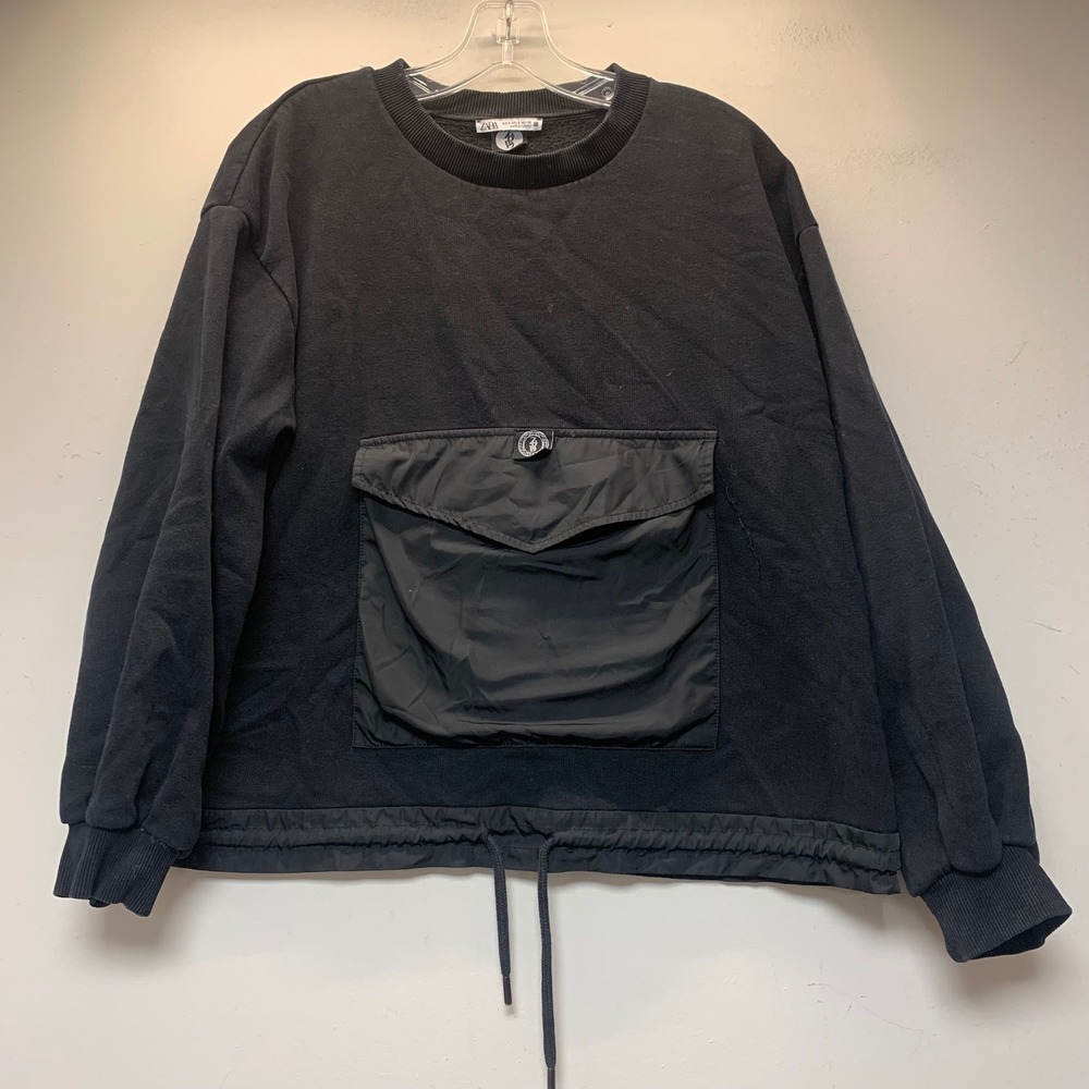 Zara Sweatshirt Mens Small Black Excellent Utility Cargo Pocket Drawstring 15602